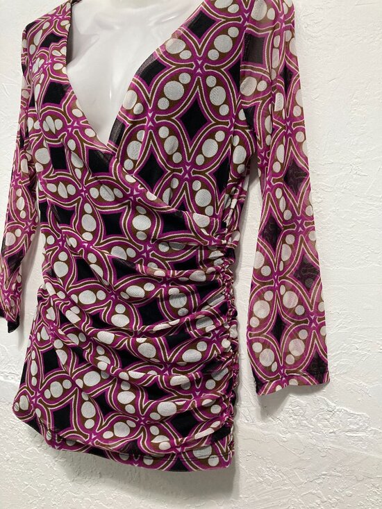 Y2K INC International Concepts 3/4 Sleeve Mesh Top Faux Wrap Ruched Fitted PM - Picture 4 of 10